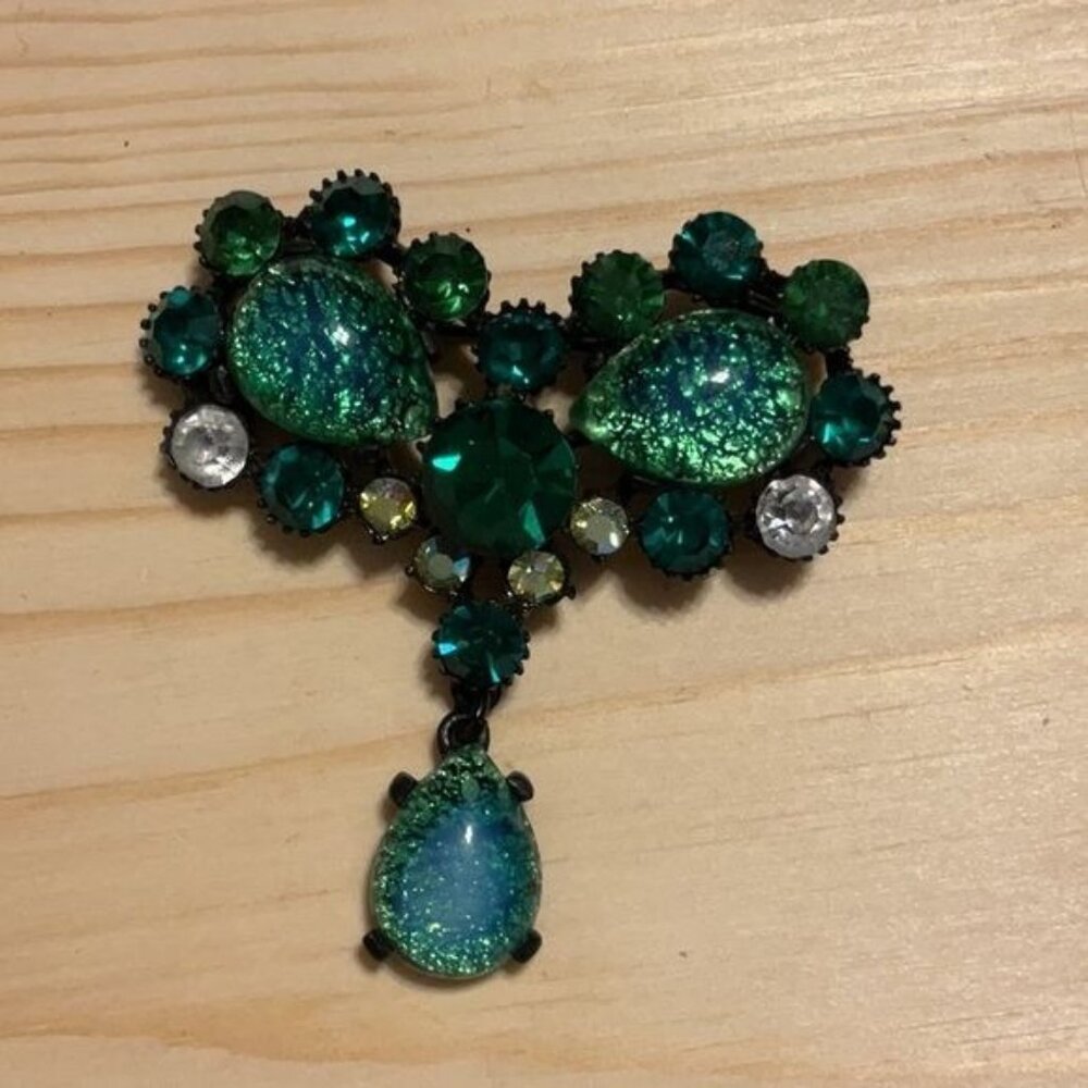 Claudette Vintage 1960s Green Art Glass Brooch With Rhinestones